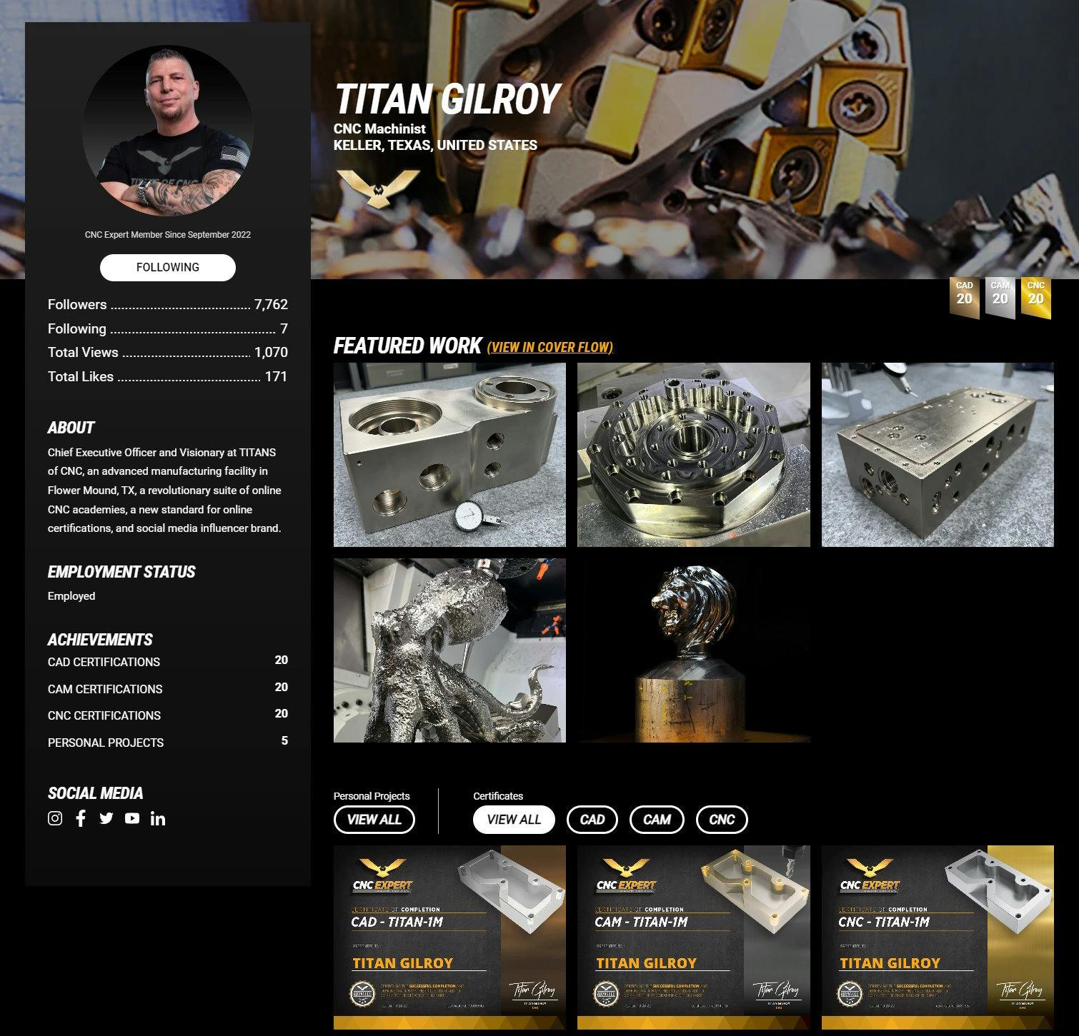 Screenshot of Titan Gilroy's CNC Expert profile